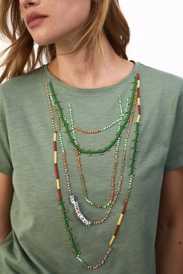Slowlove Camiseta collar abalorios Kaki