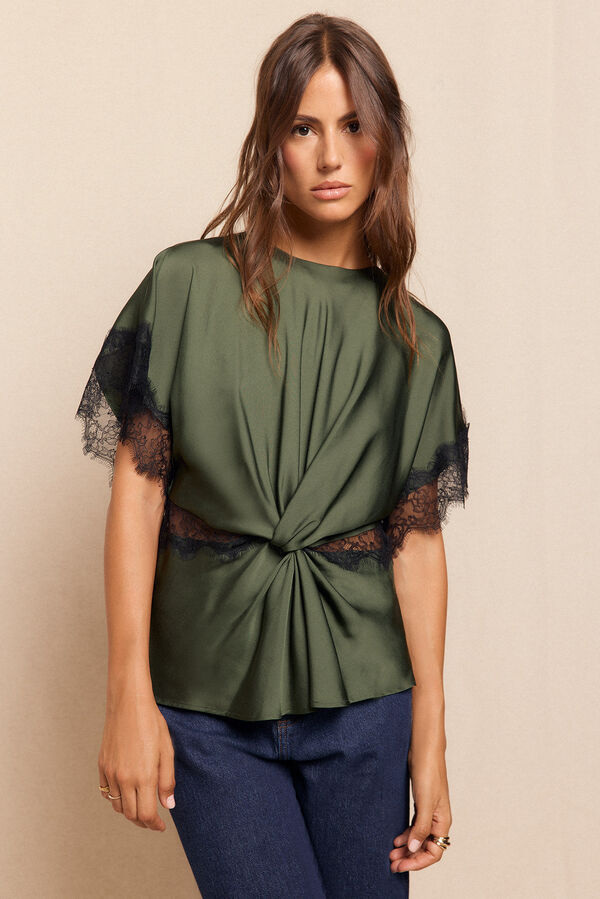 Slowlove Blusa satinada encajes Verde oscuro