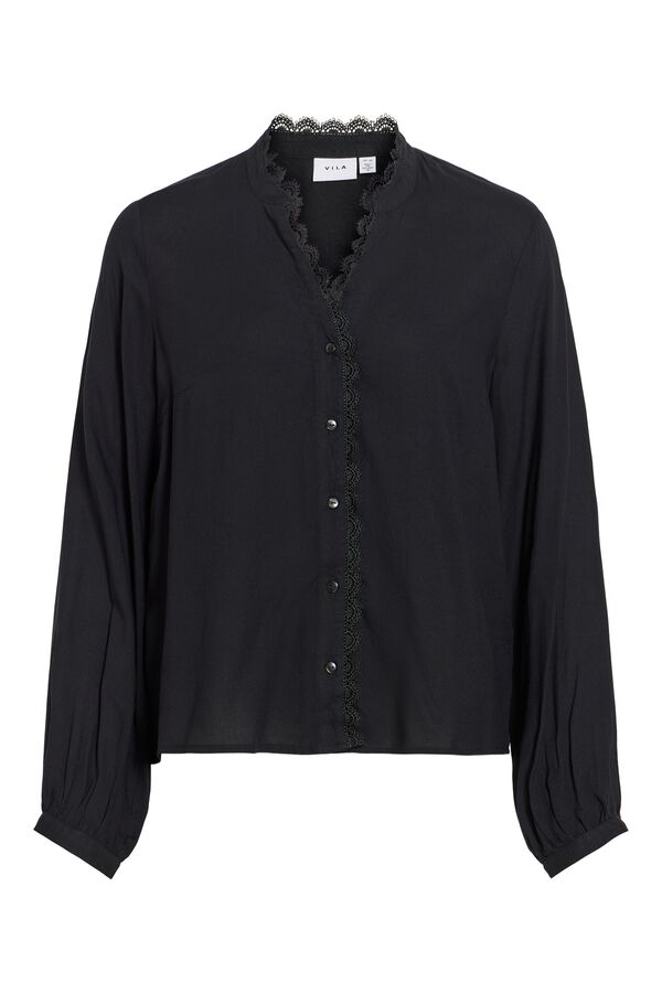 Vila Blusa con encaje y cuello en pico Negro