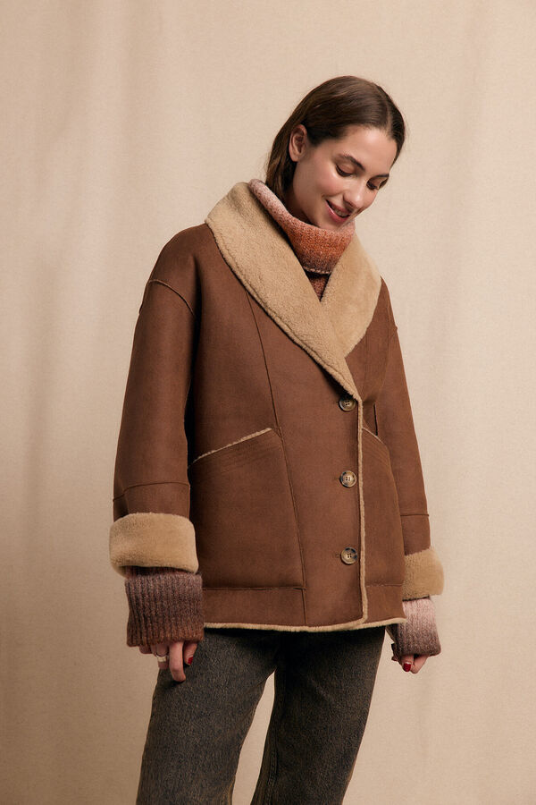 Slowlove Abrigo corto efecto doble faz Beige