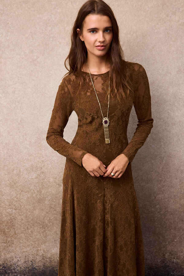 Slowlove Vestido encaje vuelo Camel