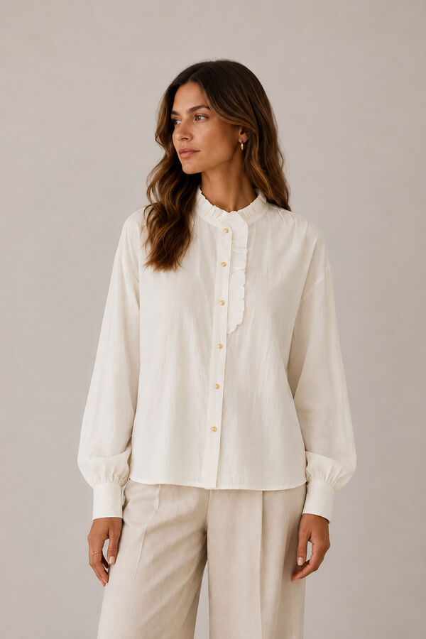 Vila Blusa cuello alto con volante Beige