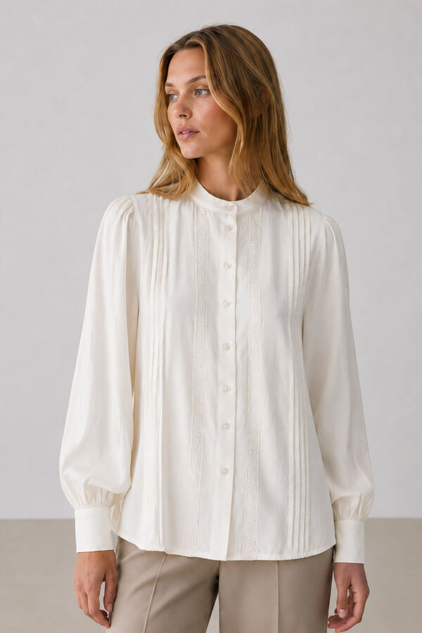 Vila Blusa con detalles plisados y encaje Blanco