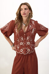 Slowlove Blusa bordado manga farol Marr&oacute;n