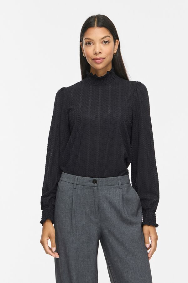 Vila Blusa texturizada de cuello alto Negro