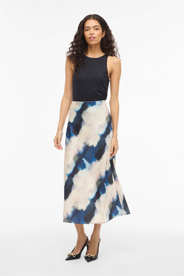 Vila Falda midi satinada estampada Estampado azul