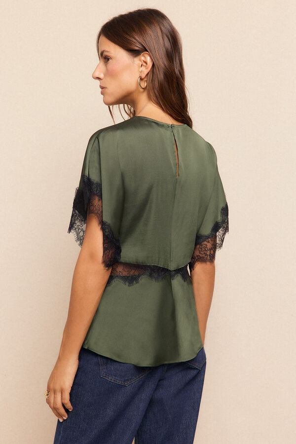 Slowlove Blusa satinada encajes Verde oscuro