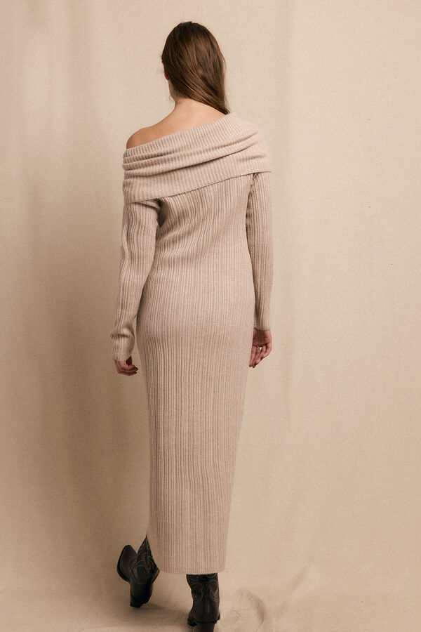 Slowlove Vestido punto cuello amplio Beige