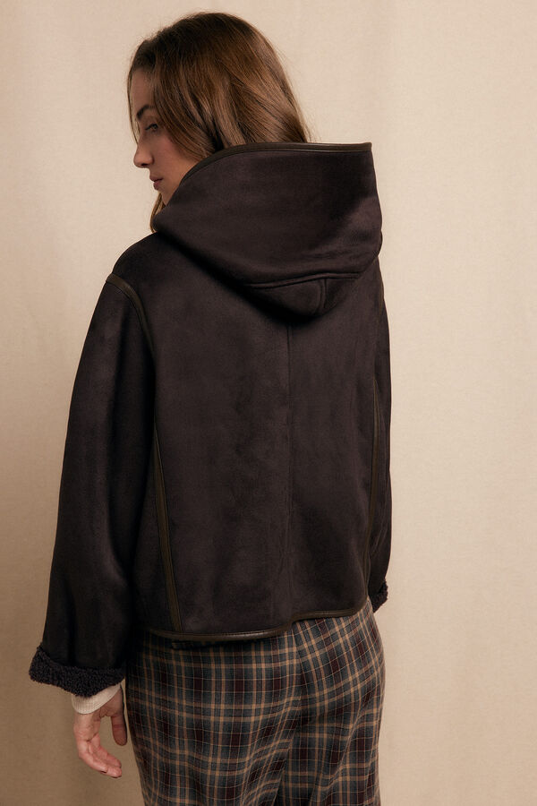 Slowlove Abrigo corto efecto doble faz capucha Marrón oscuro