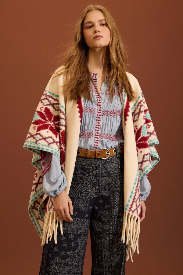 Meisie Poncho &eacute;tnico con flecos Estampado blanco