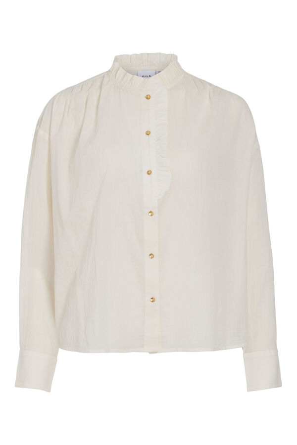 Vila Blusa cuello alto con volante Beige