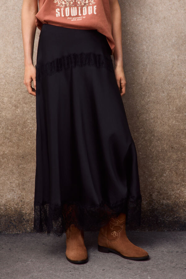 Slowlove Falda midi de sat&eacute;n y encaje Negro