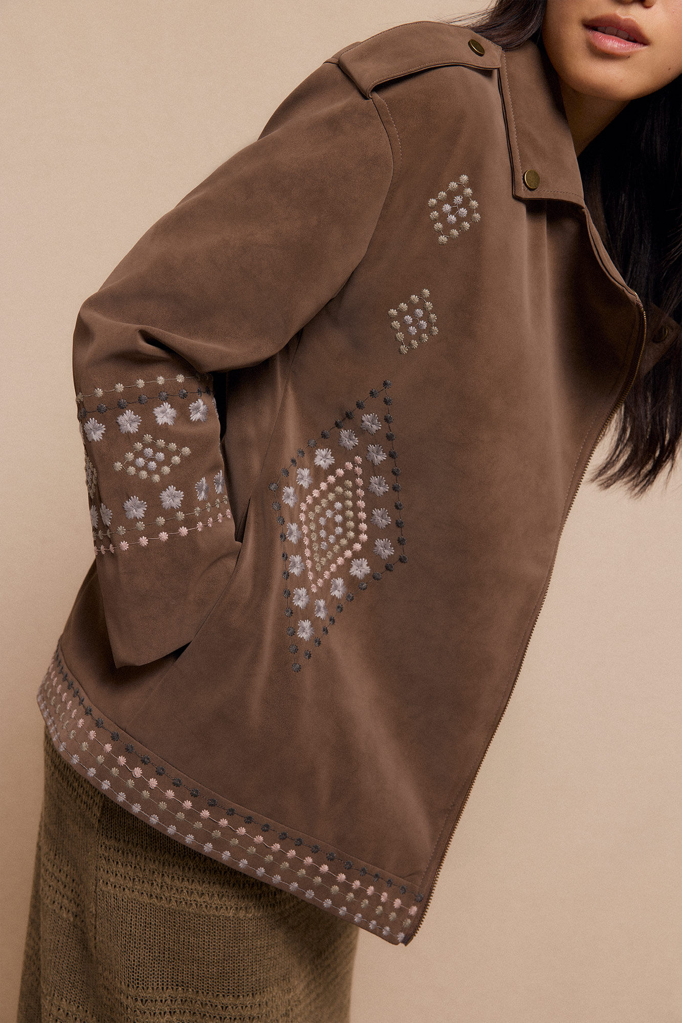 Slowlove Cazadora biker efecto piel bordada