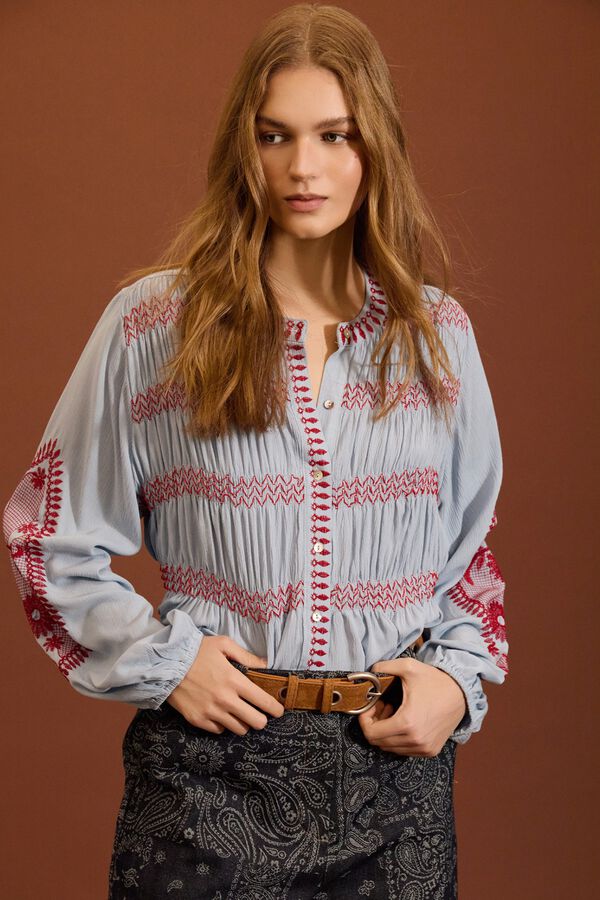 Meisie Blusa bordada con frunces Azul