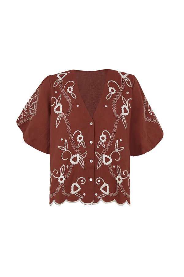 Slowlove Blusa bordado manga farol Marr&oacute;n