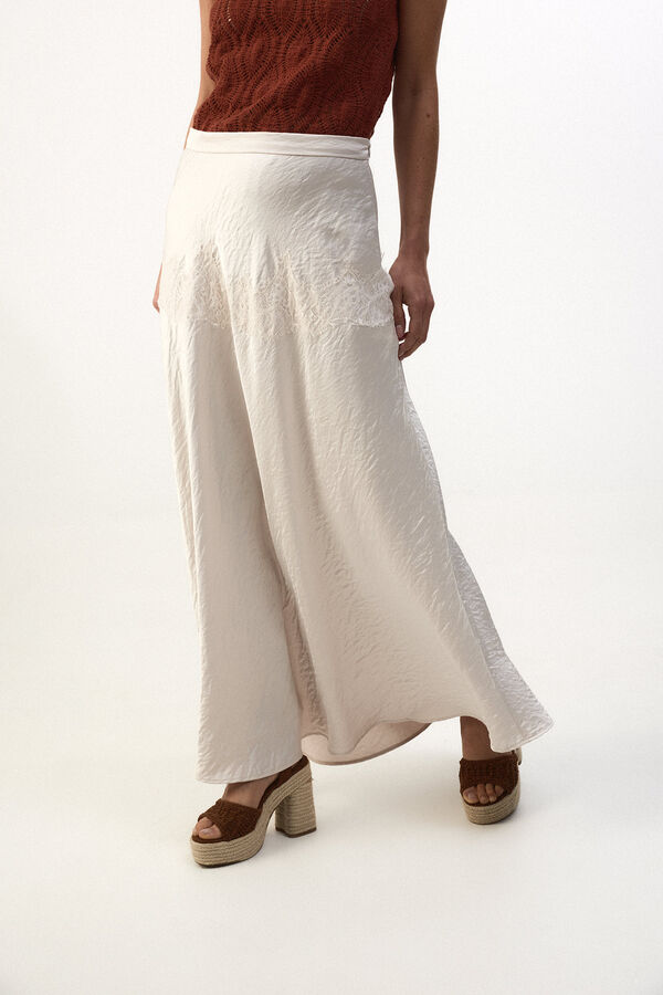 Slowlove Falda midi satinada con encaje Marfil