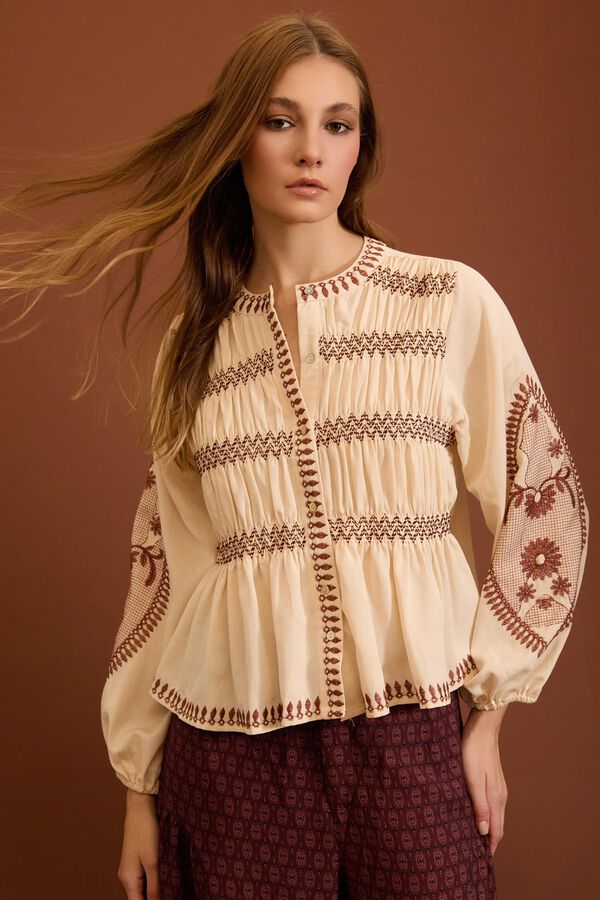 Meisie Blusa bordada con frunces Beige