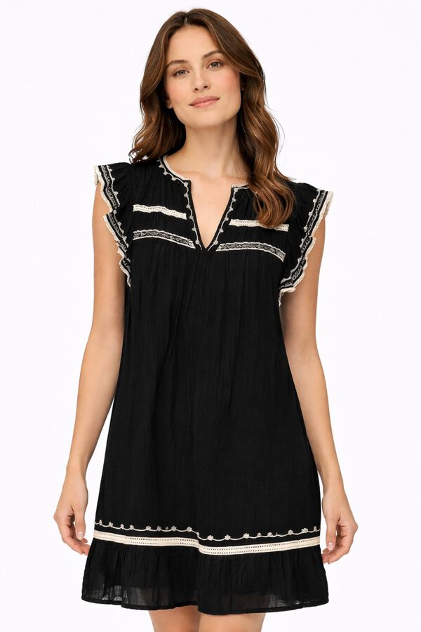 Vila Vestido corto con bordados de algod&oacute;n org&aacute;nico Negro