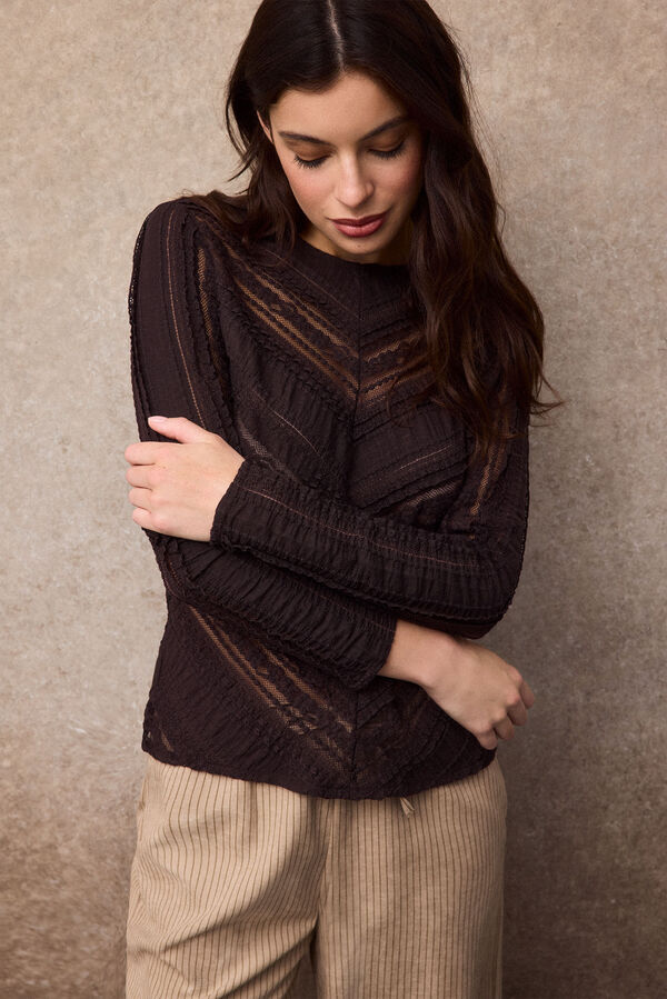 Slowlove Top encaje combinado Marr&oacute;n oscuro