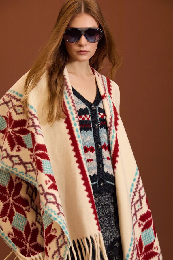 Meisie Poncho &eacute;tnico con flecos Estampado blanco
