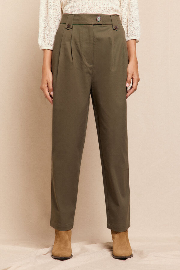 Slowlove Pantalón de sarga con pinzas trabillas para el cinturón bolsillos funcionales laterales pernera ancha cierre mediante cremallera oculta y botón Verde oscuro