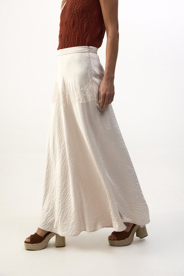 Slowlove Falda midi satinada con encaje Marfil