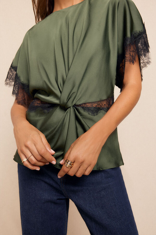 Slowlove Blusa satinada encajes Verde oscuro