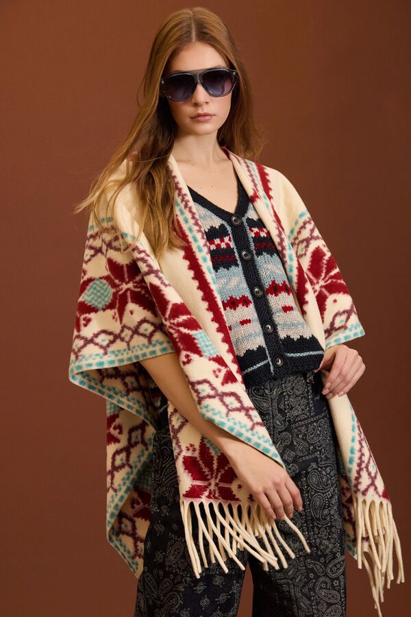 Meisie Poncho &eacute;tnico con flecos Estampado blanco