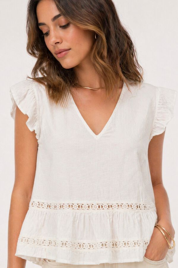 Vila Blusa de algod&oacute;n org&aacute;nico con mangas de volantes Blanco