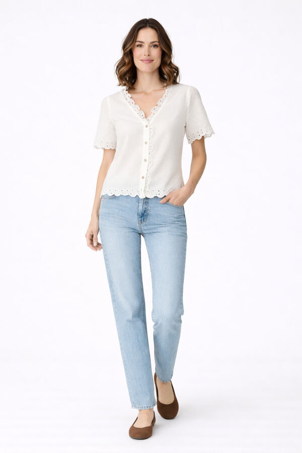 Vila Blusa con encaje ingl&eacute;s de algod&oacute;n org&aacute;nico Blanco
