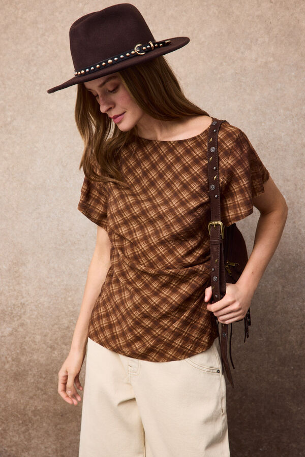Slowlove Top cuadros Estampado marr&oacute;n