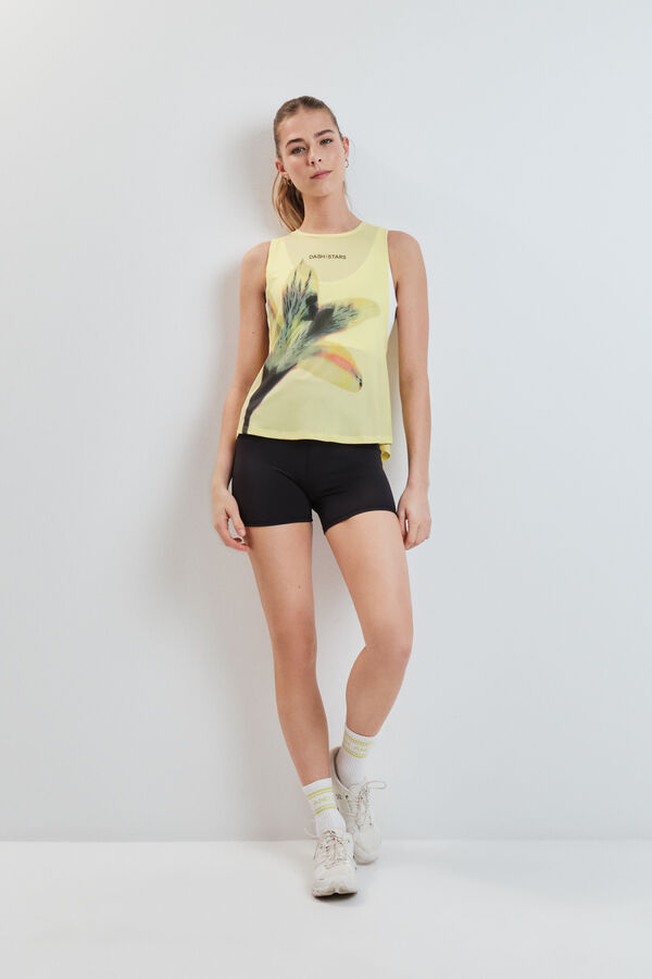 Dash and Stars Camiseta t&eacute;cnica ancha sisa baja amarilla estampado