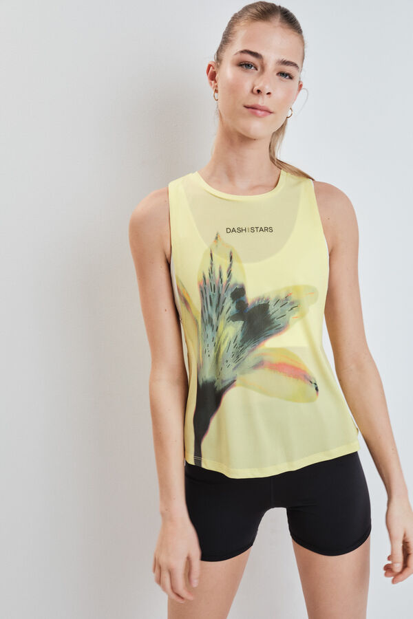 Dash and Stars Camiseta t&eacute;cnica ancha sisa baja amarilla estampado