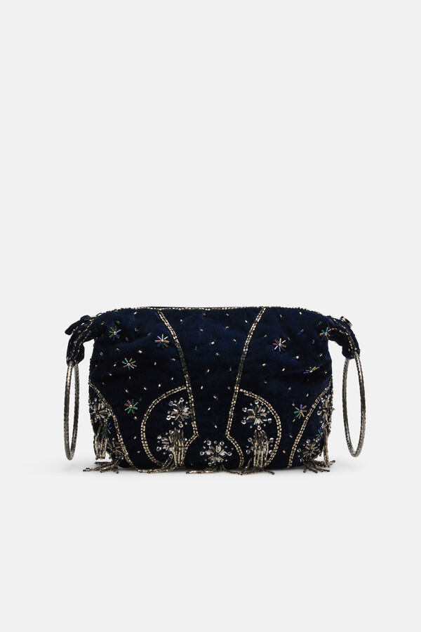 Hoss Intropia Noa. Bolso bordado de terciopelo con anillas Azul marino