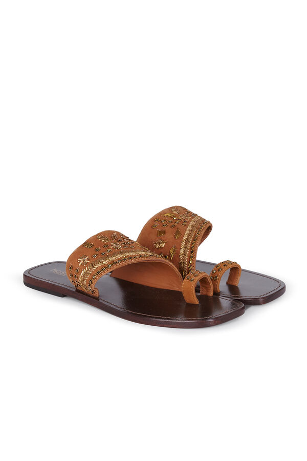 Hoss Intropia Macarena. Sandalias de ante bordadas Camel