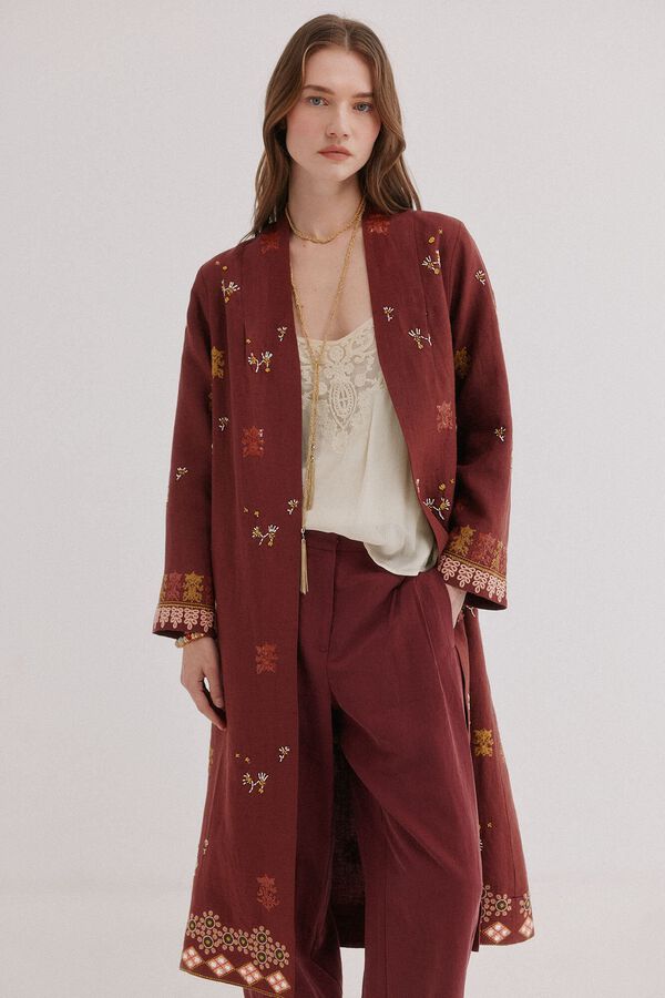 Hoss Intropia Entra. Kimono de lino largo Granate