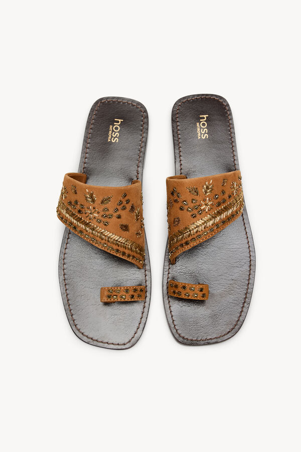Hoss Intropia Macarena. Sandalias de ante bordadas Camel