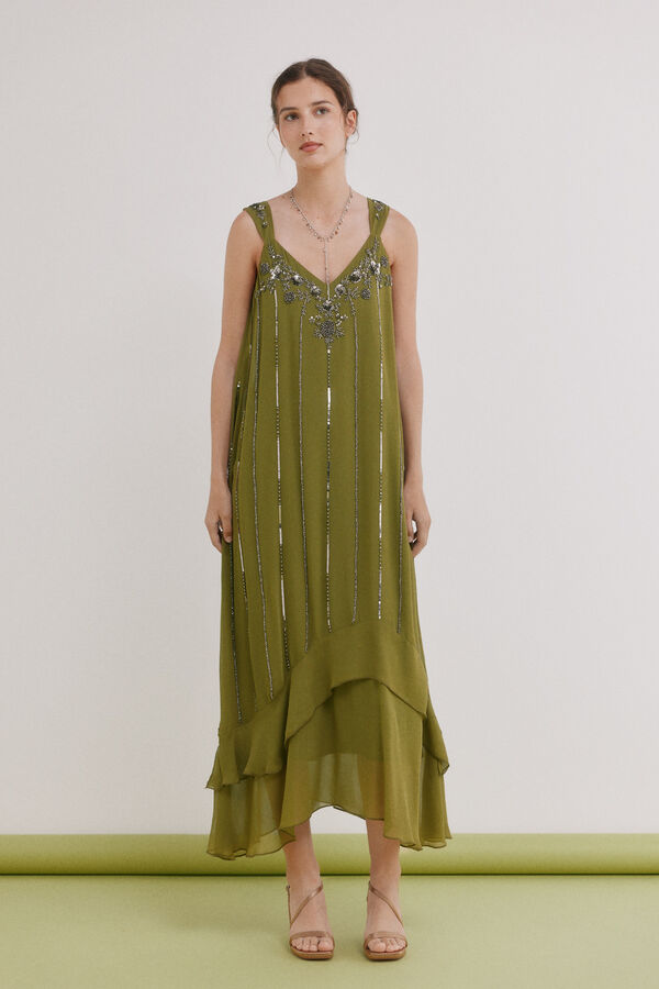 Hoss Intropia Aurore.Vestido abalorios Kaki