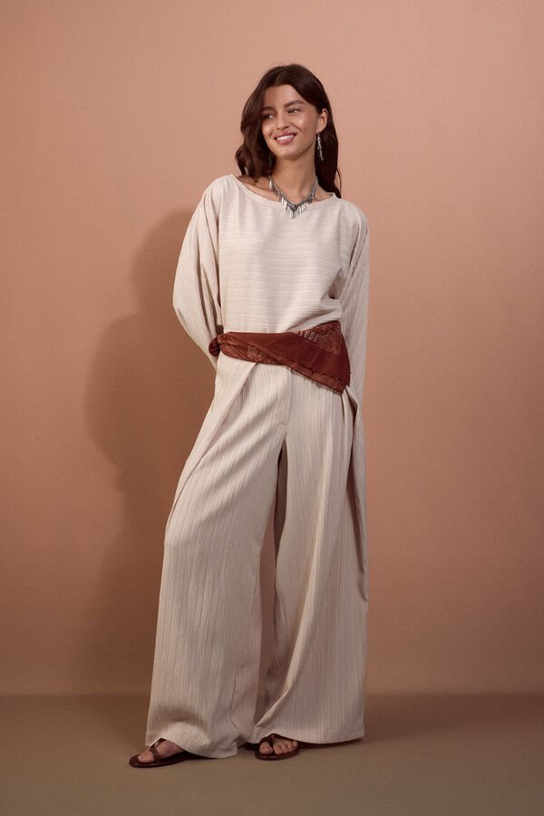 Slowlove Pantal&oacute;n de punto calado ancho Marfil