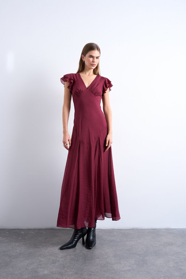 Topshop Vestido largo cuello pico rojo