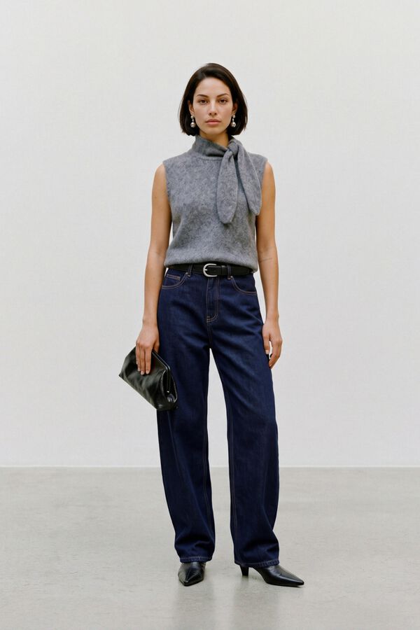 Topshop Top de punto con lazo en el cuello gris