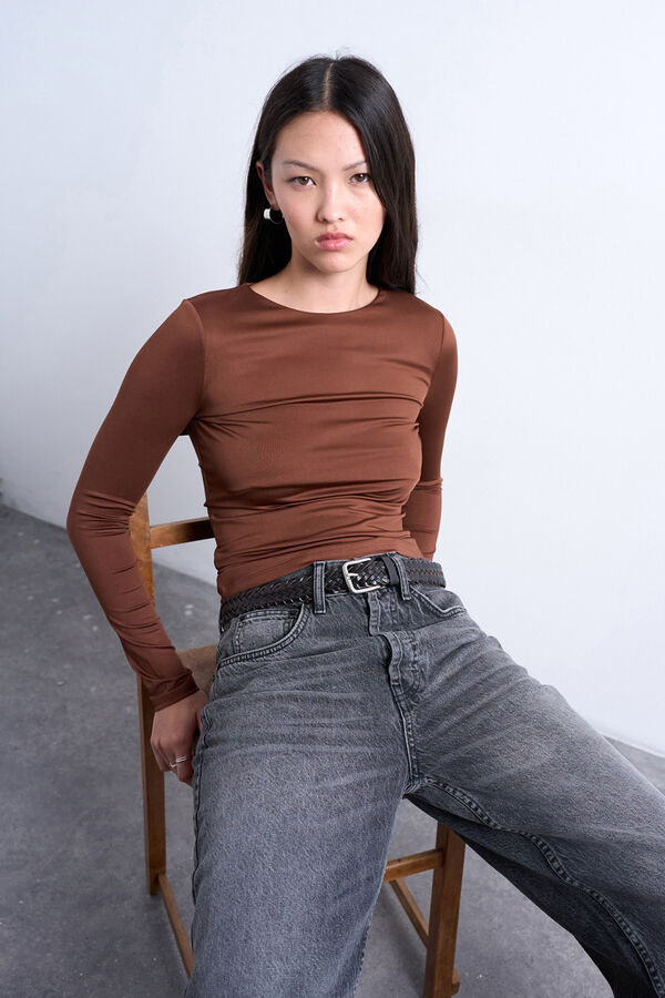 Topshop Top de cuello redondo marr&oacute;n