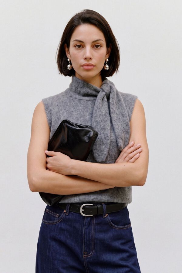 Topshop Top de punto con lazo en el cuello gris
