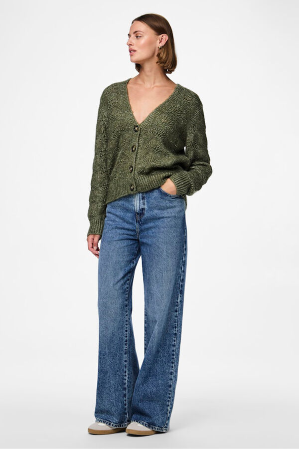 Pieces C&aacute;rdigan calado abotonado verde