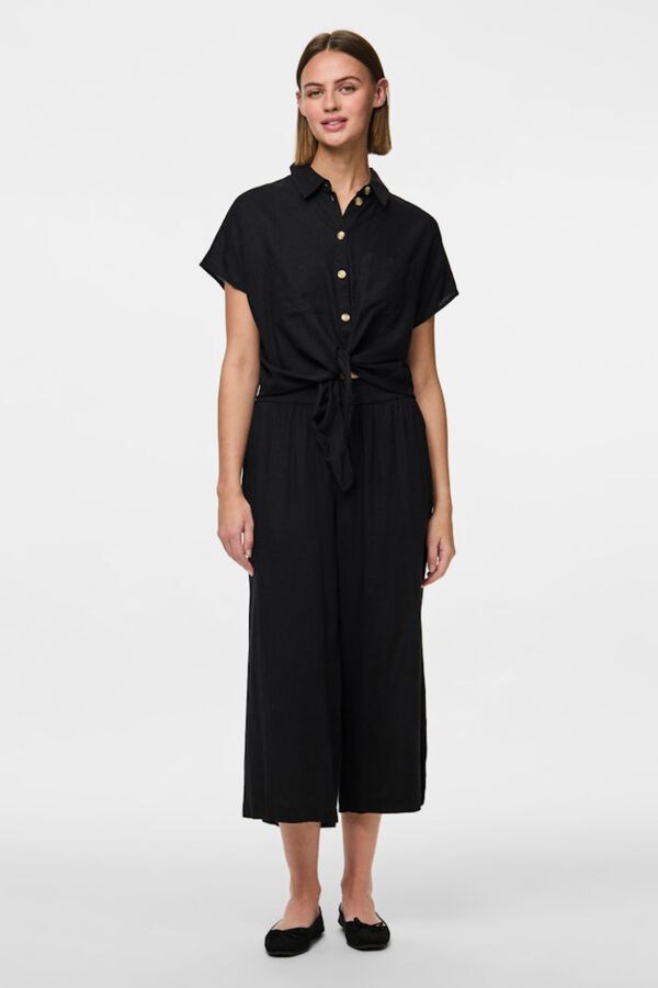 Pieces Pantal&oacute;n culotte de lino con cintura el&aacute;stica negro