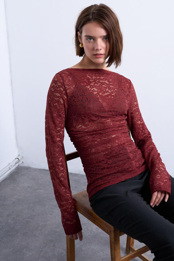 Topshop Top de lenceria de manga larga rojo