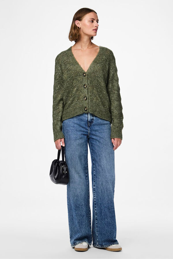 Pieces C&aacute;rdigan calado abotonado verde