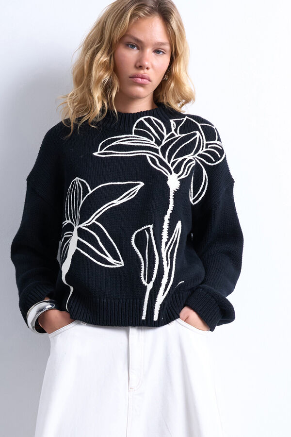 Topshop Jersey de manga larga con bordado negro