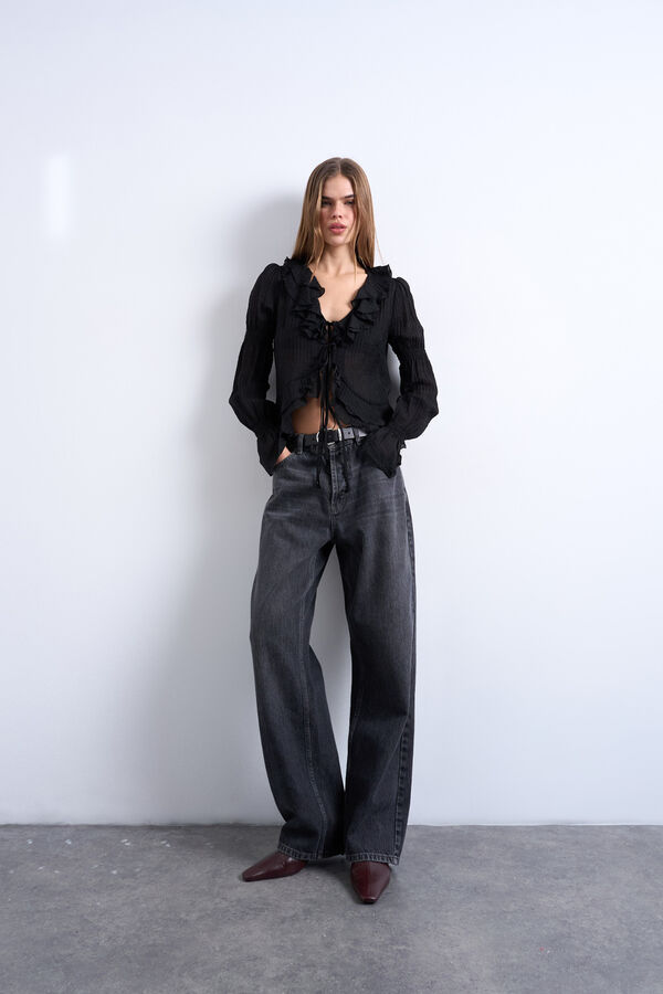 Topshop Top manga larga plisado negro