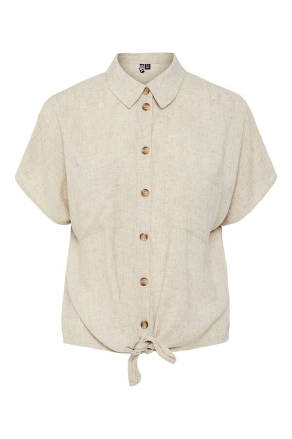 Pieces Camisa de manga corta con nudo y lino beige